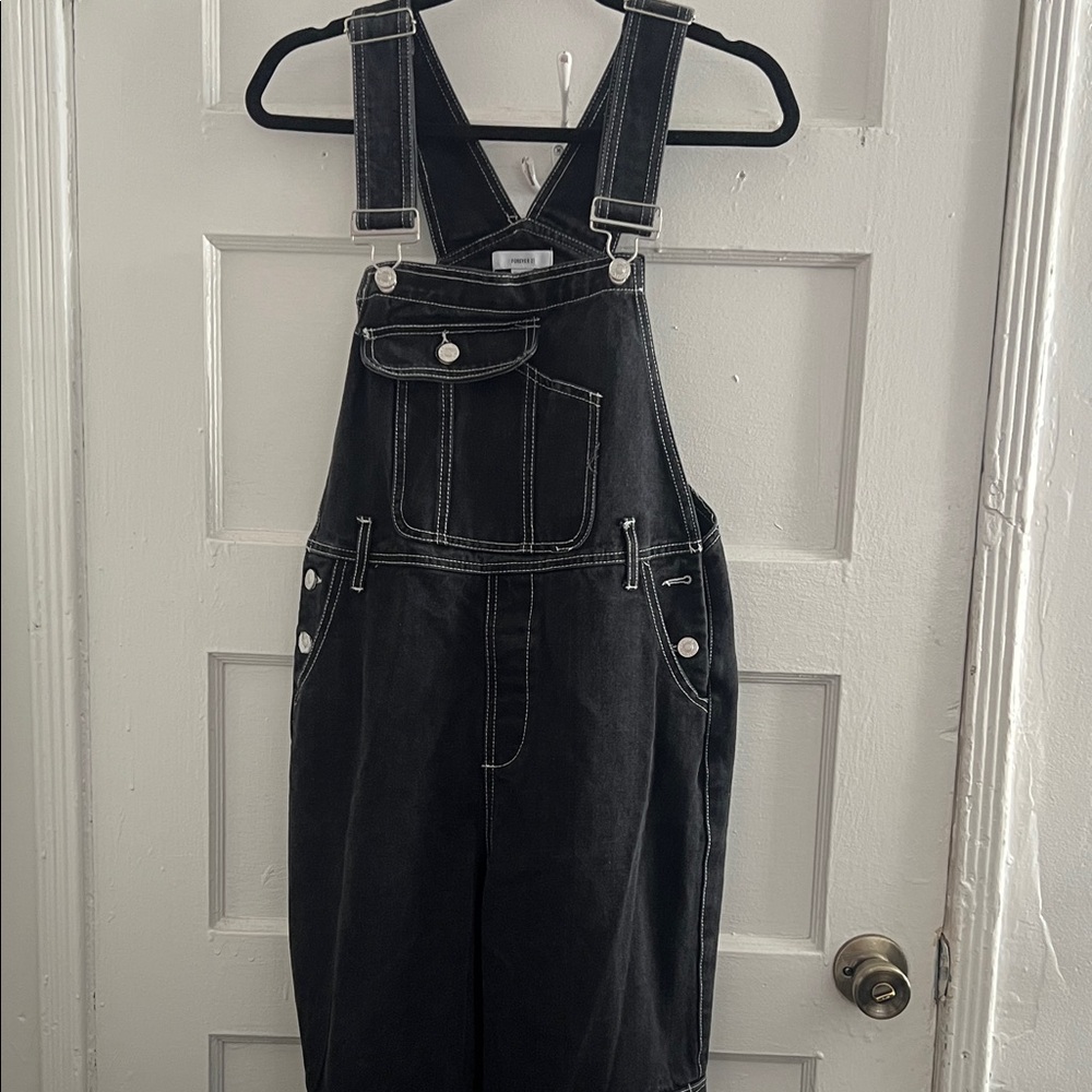 Forever 21 Black Baggy Denim with White Stitching Overalls